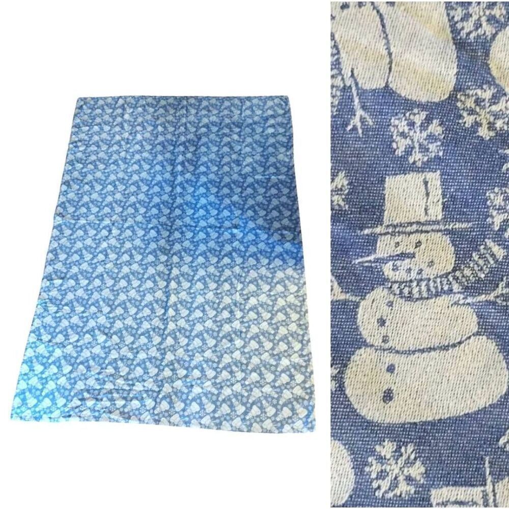 VTG Blue White Snowman Textured Print Christmas Table Cloth 52" x 75"